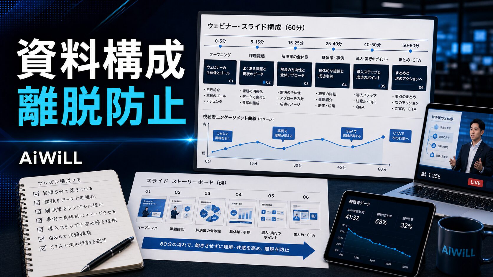 ウェビナー資料構成と離脱防止のアイキャッチ